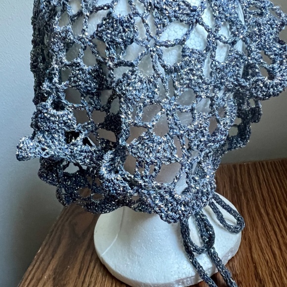 Hand Made Crochet Blue-Gray Silver Lurex Bandana/Neck Scarf/Rustic Boho Style
